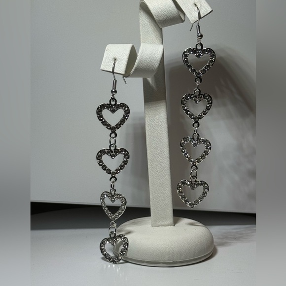 Saks Fifth Avenue Silver Tone 4 Dangling Heart  Pave Crystal Hook Earrings - Picture 2 of 6